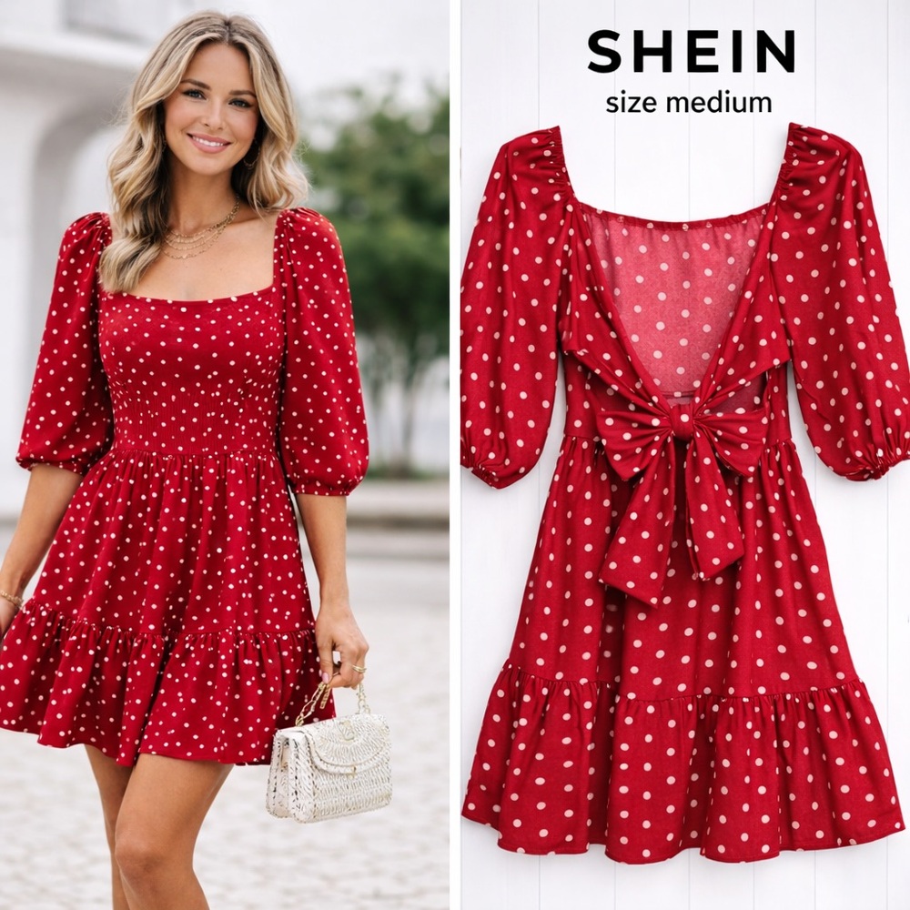 🟥 SHEIN Red & White Polka Dot Dress Open Back Bow Puff Sleeves Sz M